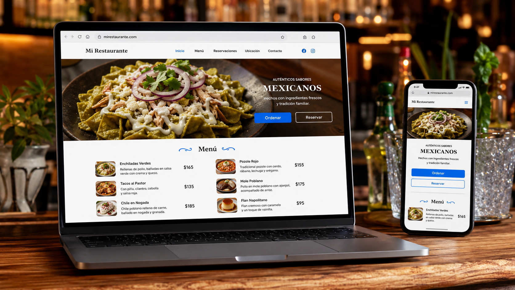 Sitio web del restaurante con menú, botón de ordenar y de reservar, visto en computadora y celular