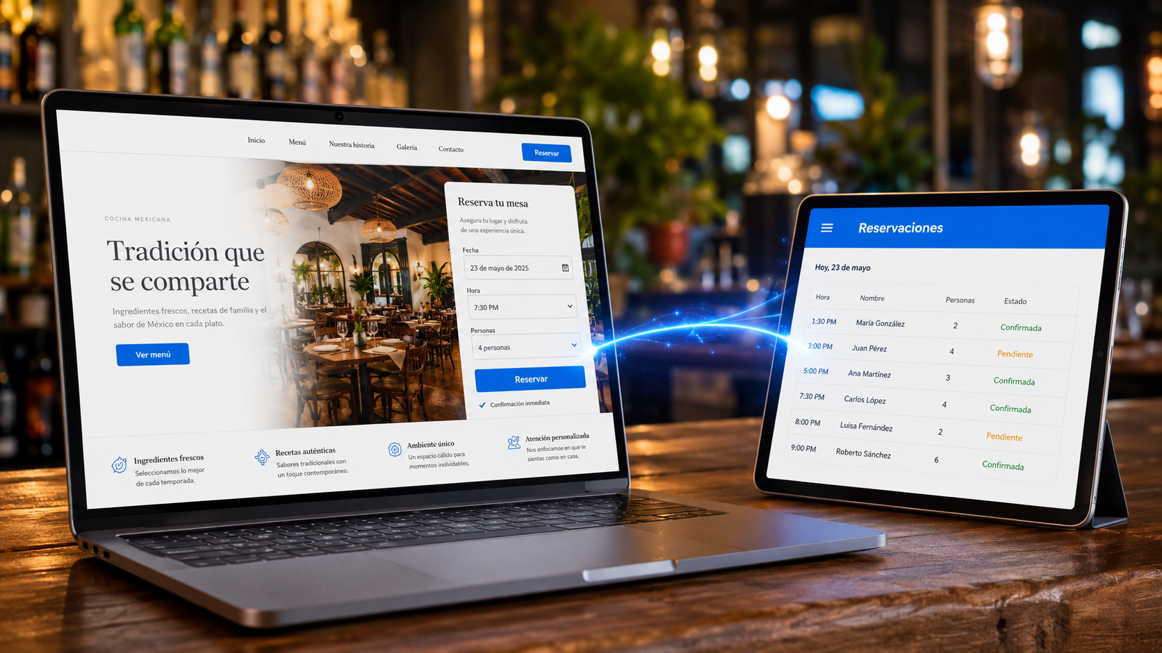 Widget de reservaciones incrustado en la web del restaurante y el panel de POS Admin donde se administran