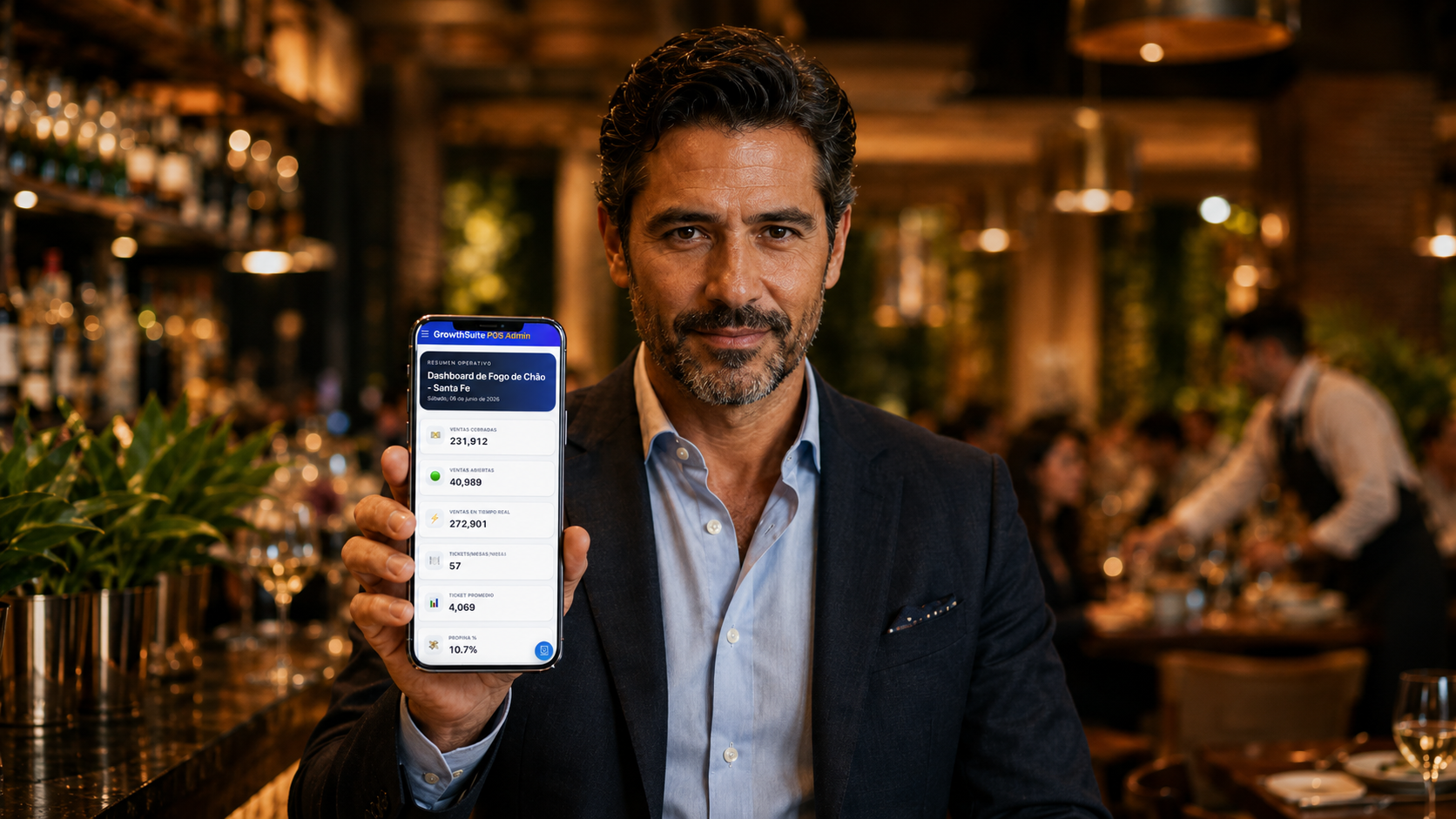 Gerente de casual dining revisando ventas en el celular con el comedor y el servicio en mesa de fondo