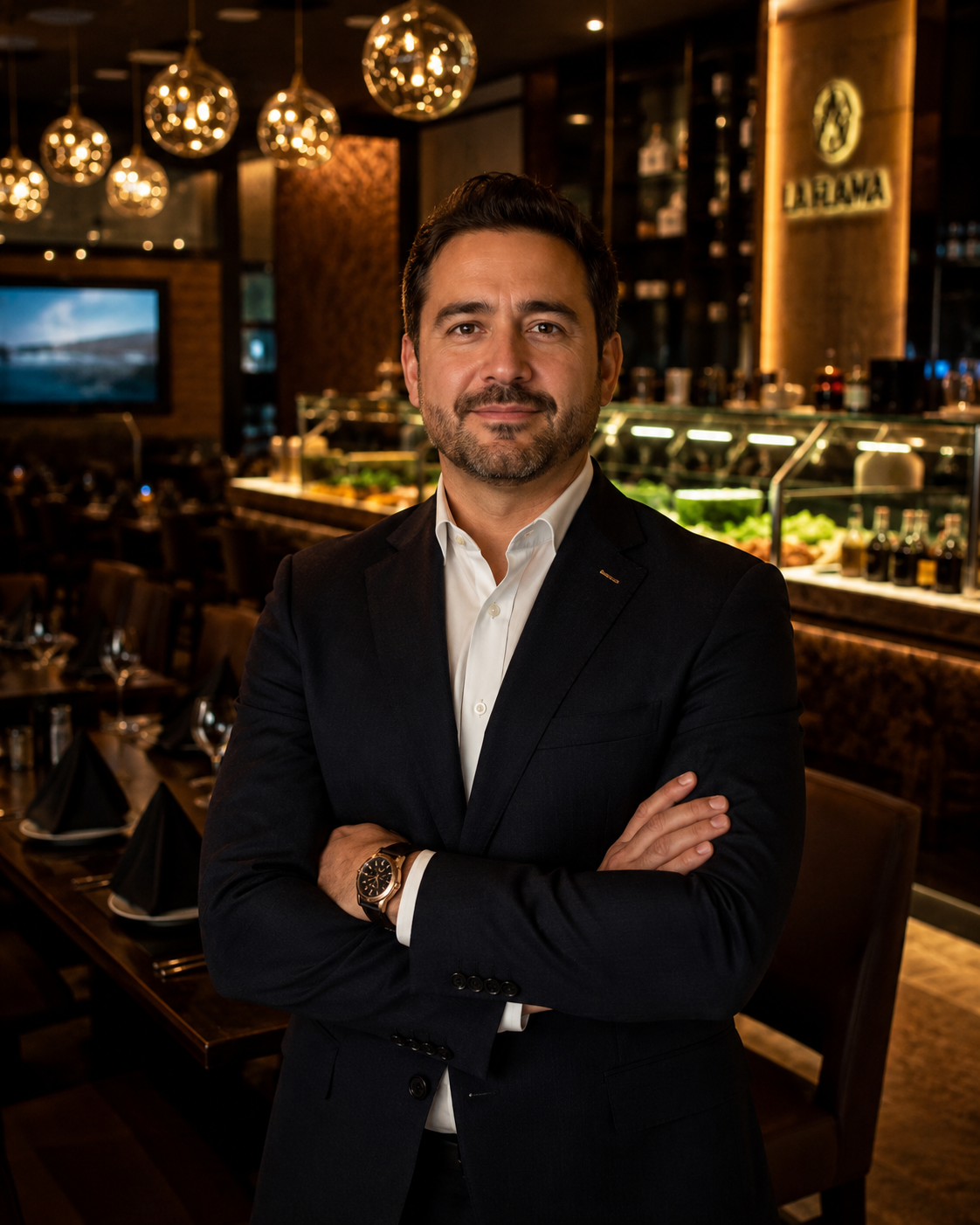 Retrato realista de gerente general de casual dining, comedor elegante de fondo
