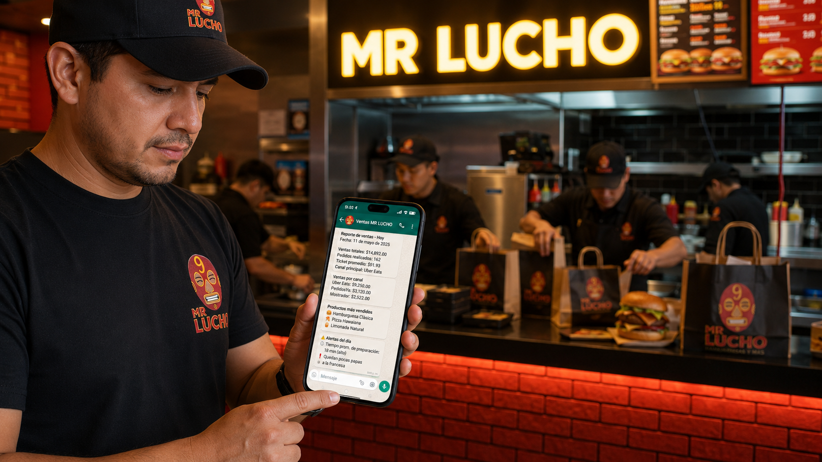 Dueño de comida rápida viendo ventas en vivo en el celular con la cocina despachando pedidos atrás