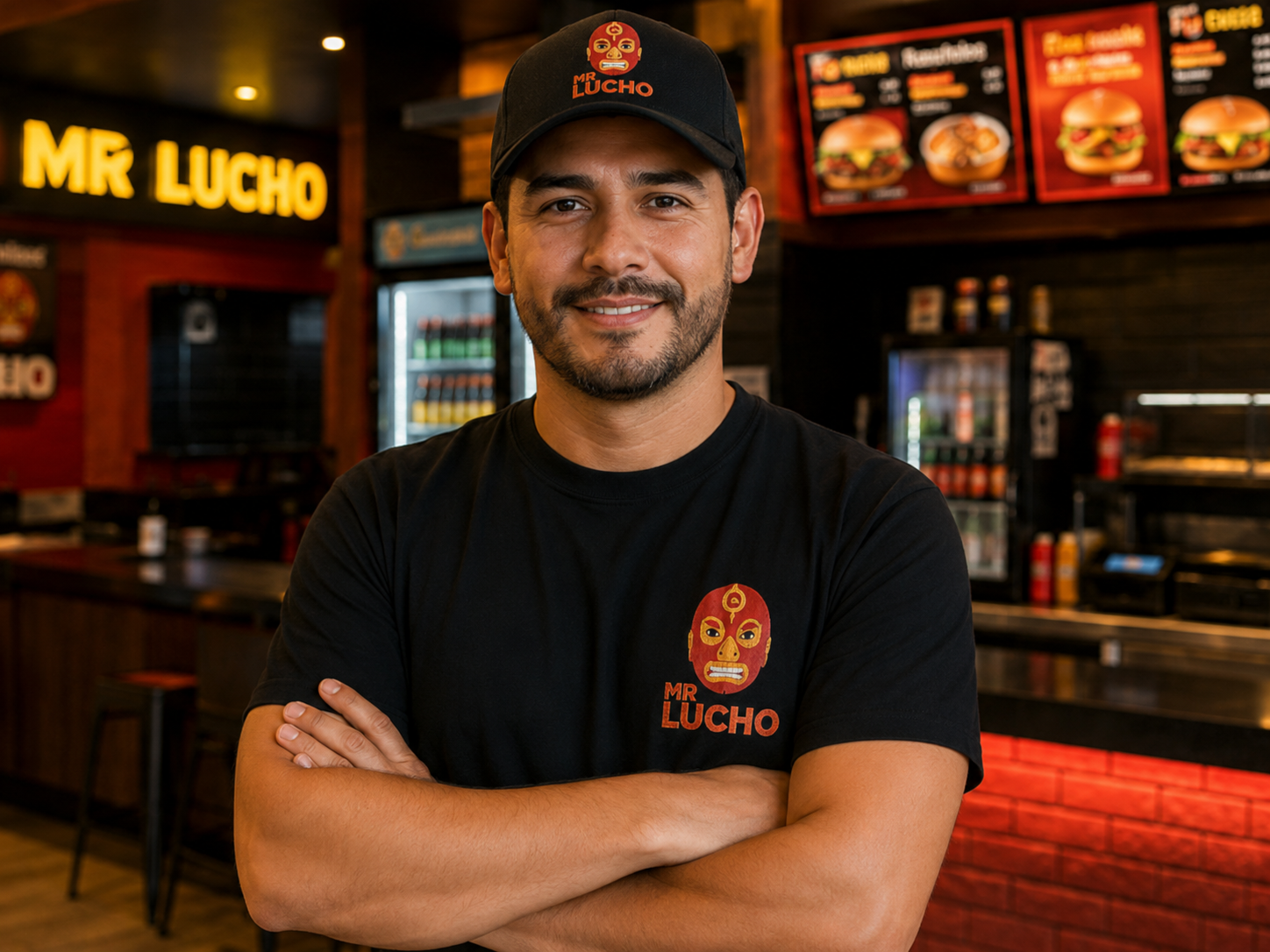Retrato realista de dueño de comida rápida, cocina de despacho de fondo