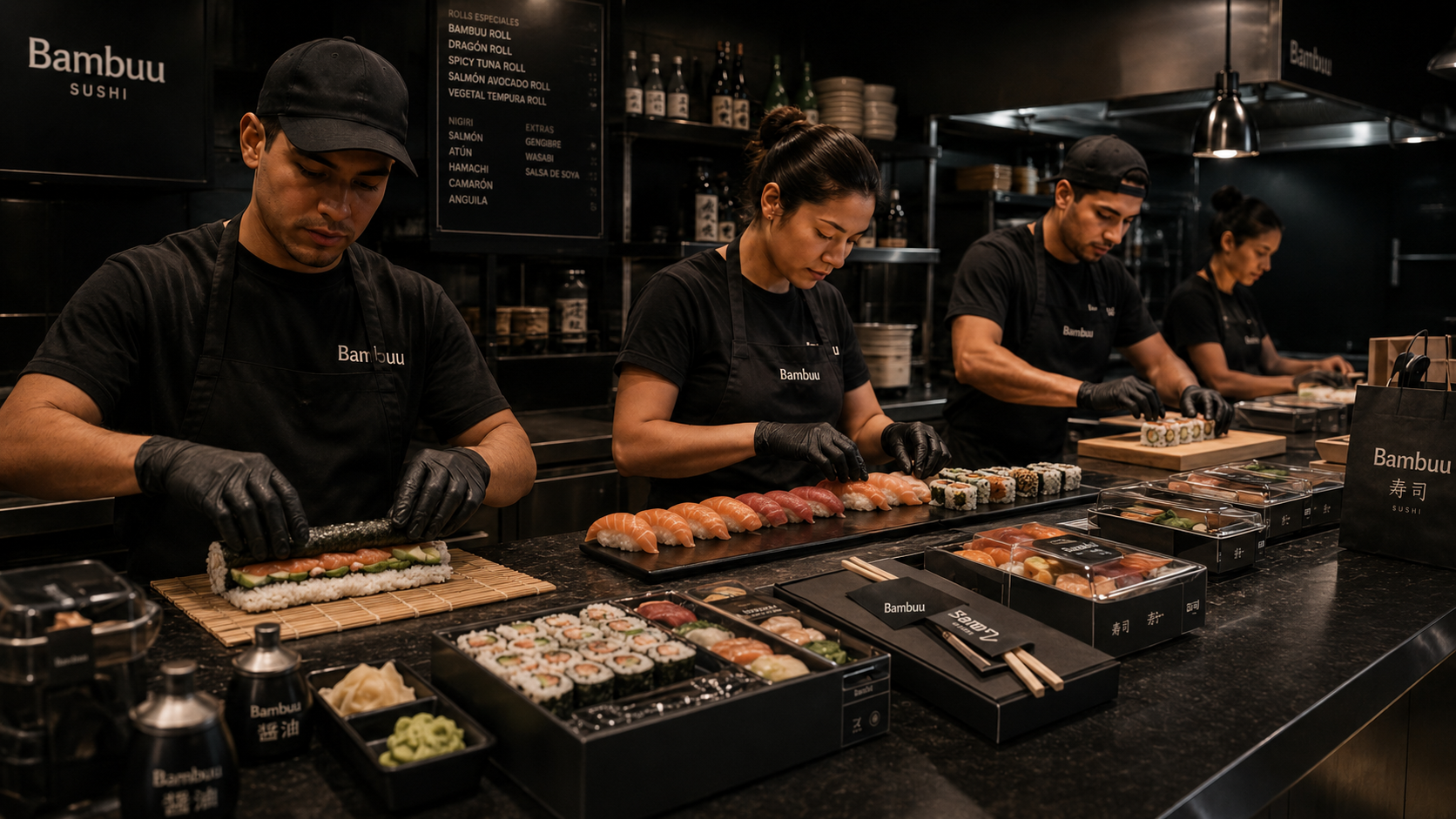 Equipo empacando pedidos con etiquetas