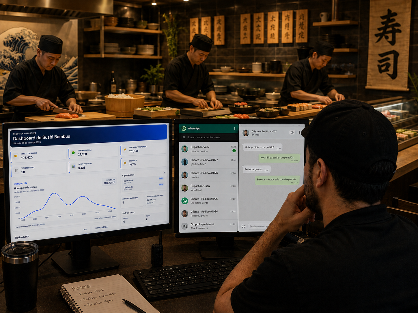 Dueño de dark kitchen viendo pedidos en pantalla con WhatsApp abierto y la cocina en operación atrás