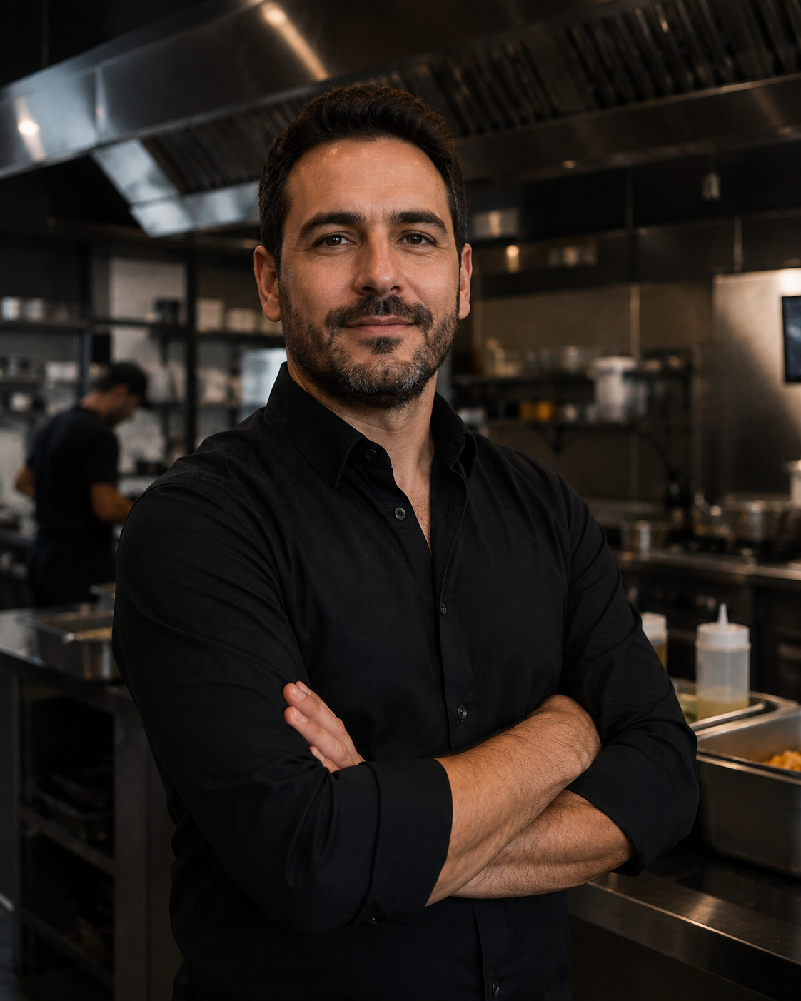 Retrato realista de socio de dark kitchen, 35-45 años, camisa negra, cocina industrial de fondo