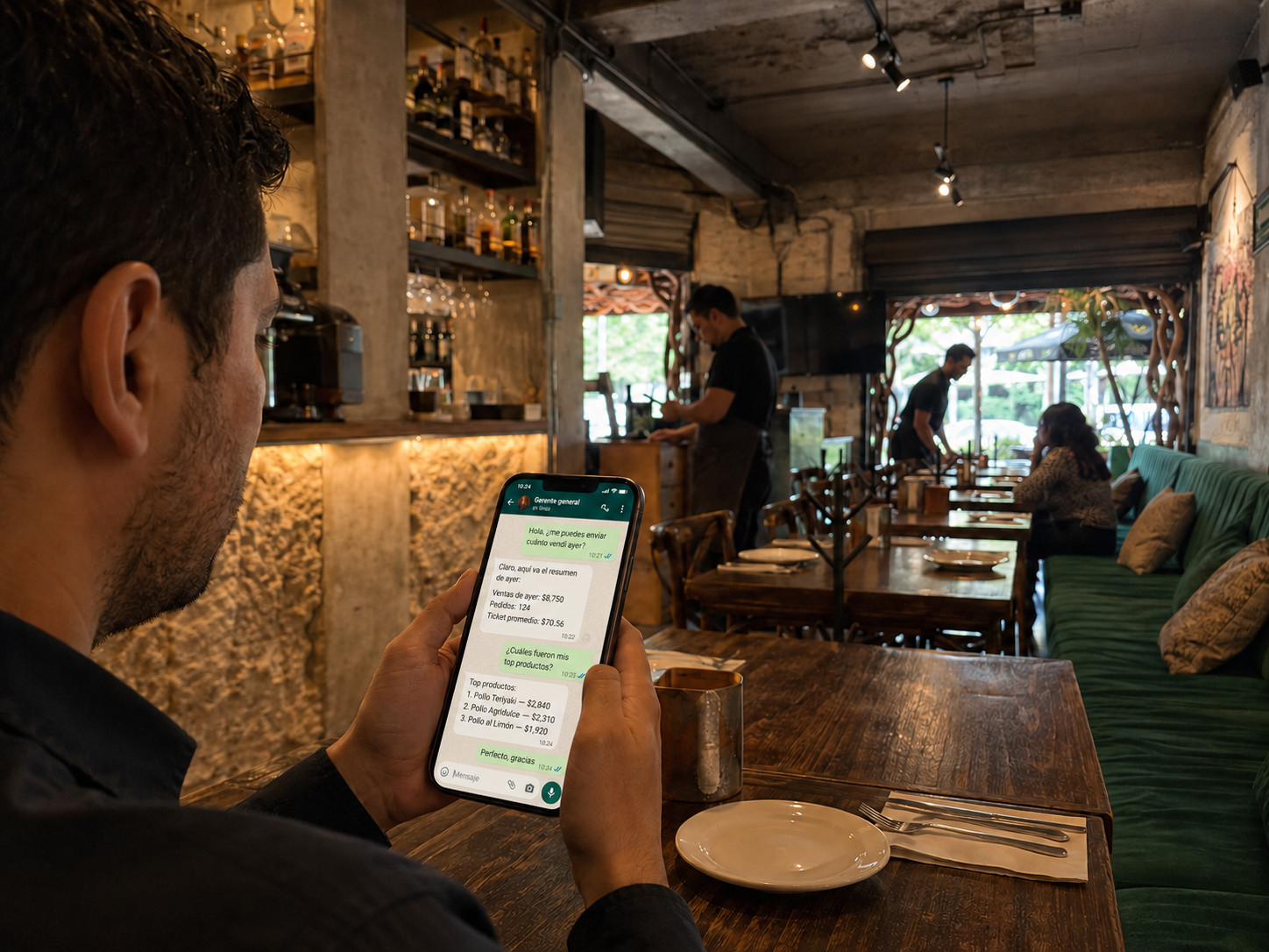 Gerente comparando sucursales por WhatsApp