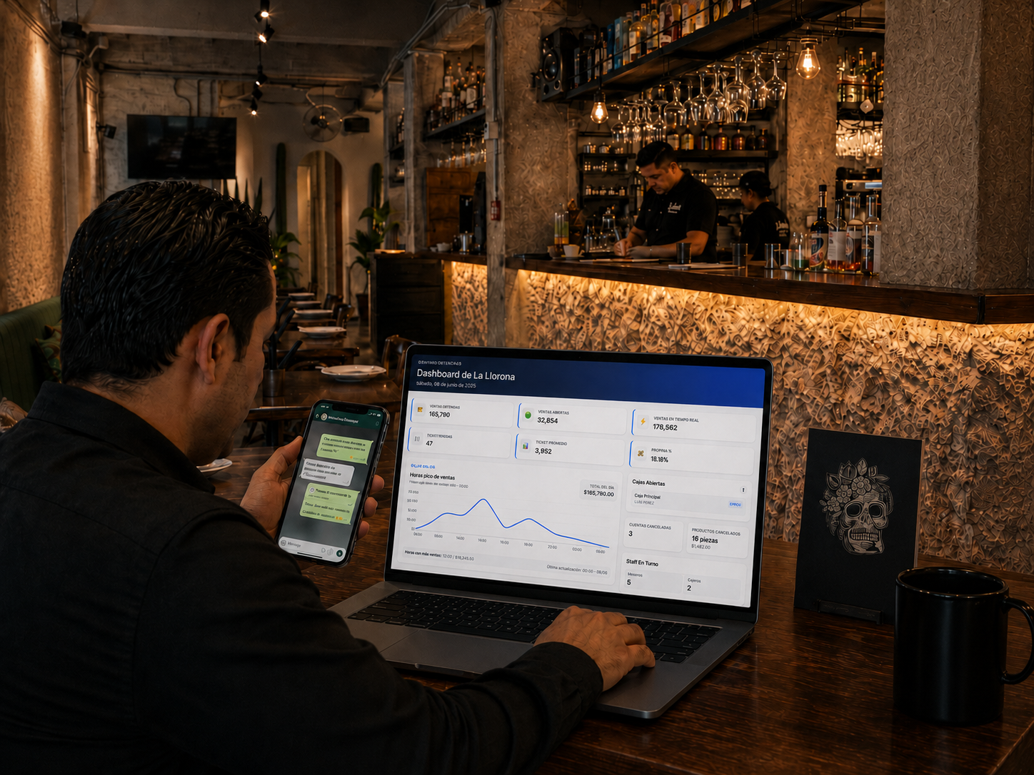 Encargado de fast casual viendo ventas por sucursal en pantalla con WhatsApp abierto y el mostrador en operación